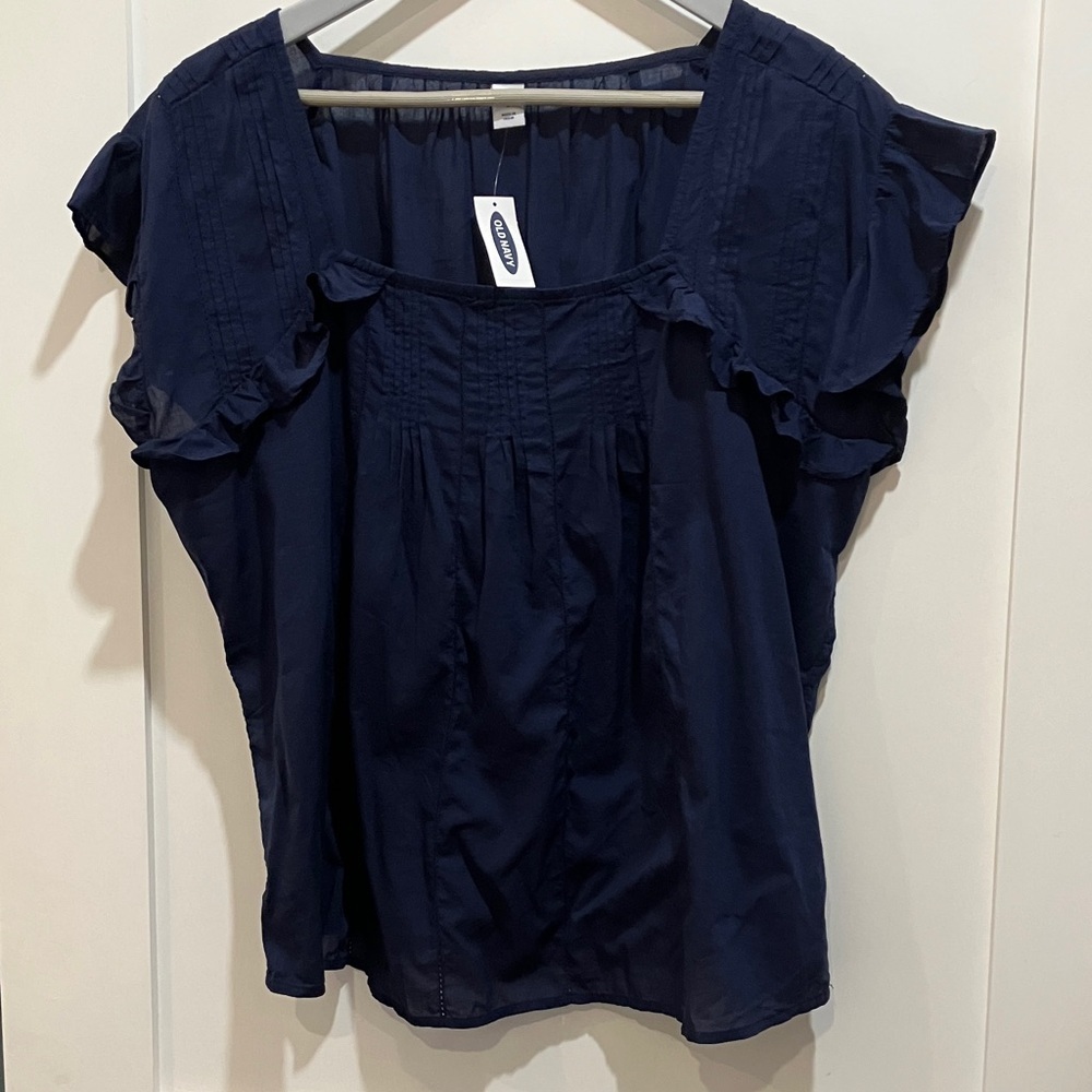 Modal / cotton Wm’s large crochet and ruffle Navy Blue short Sleeve Blouse - Picture 2 of 15